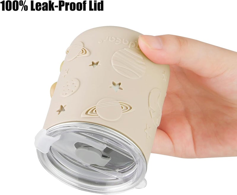 PandaEar 2 Pack Stainless Steel Toddler Cups with Lids & Silicone Sleeves | 8.8 oz Spill Proof Sippy Cups with Straw Stopper & Teething-Friendly Straws for Kids & Babies (Beige & Khaki) - Image 3